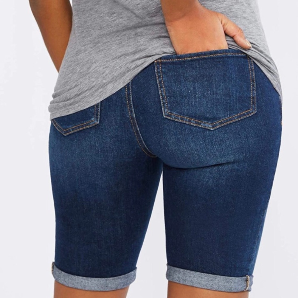 Paige maternity long shorts, size 27, dark blue with distressed details